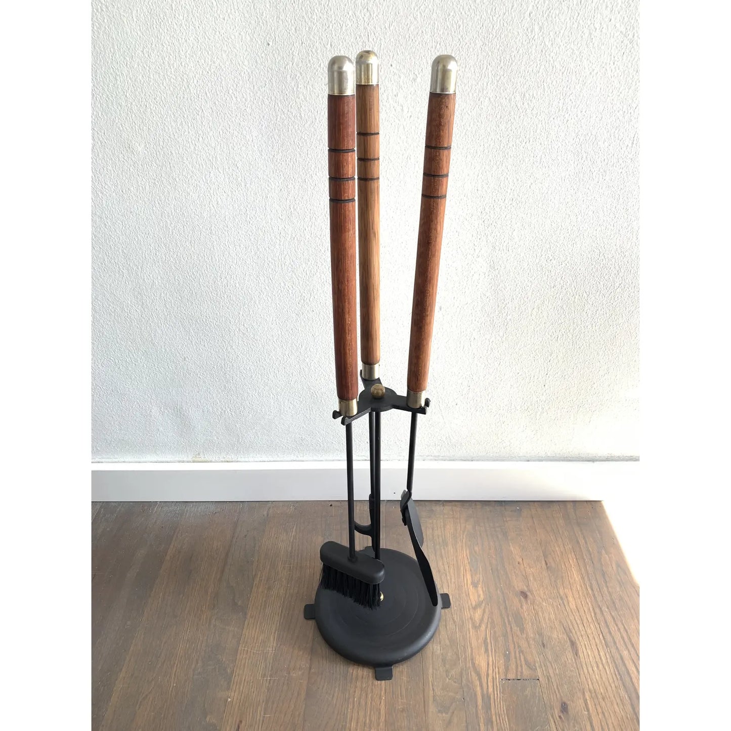 Mid-Century Modern Long Teak and Brass Handled Fireplace Tool Set - 4 Pieces