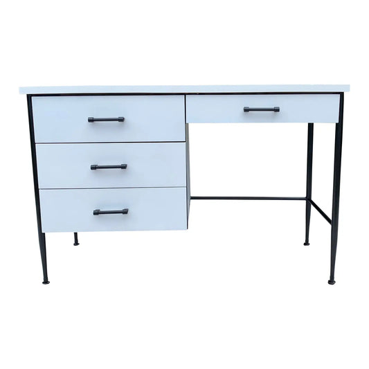 Mid Century Modern Vista of California Writing Desk With White Laminate Top and Black Steel Frame