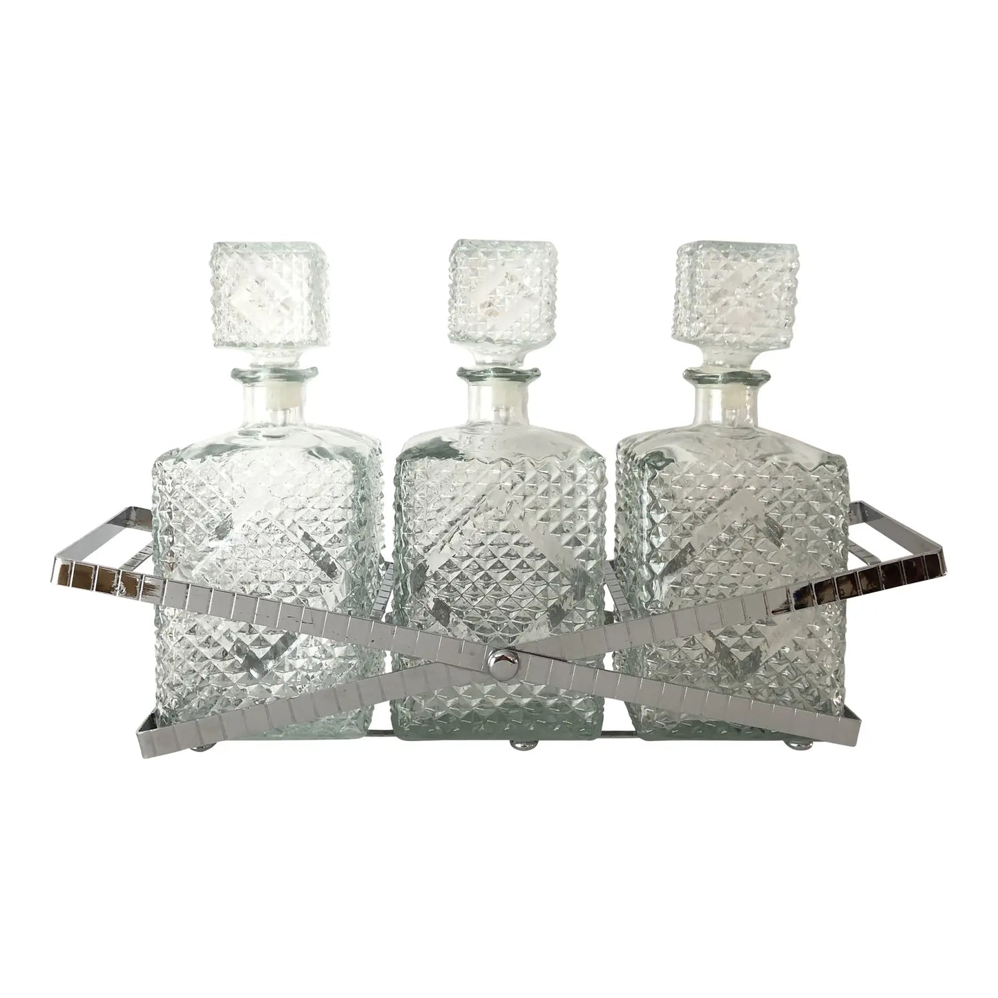 Vintage 1970s Barware Square Hollywood Regency Glass Decanter Trio in Chrome Plated Tray - Set of 3