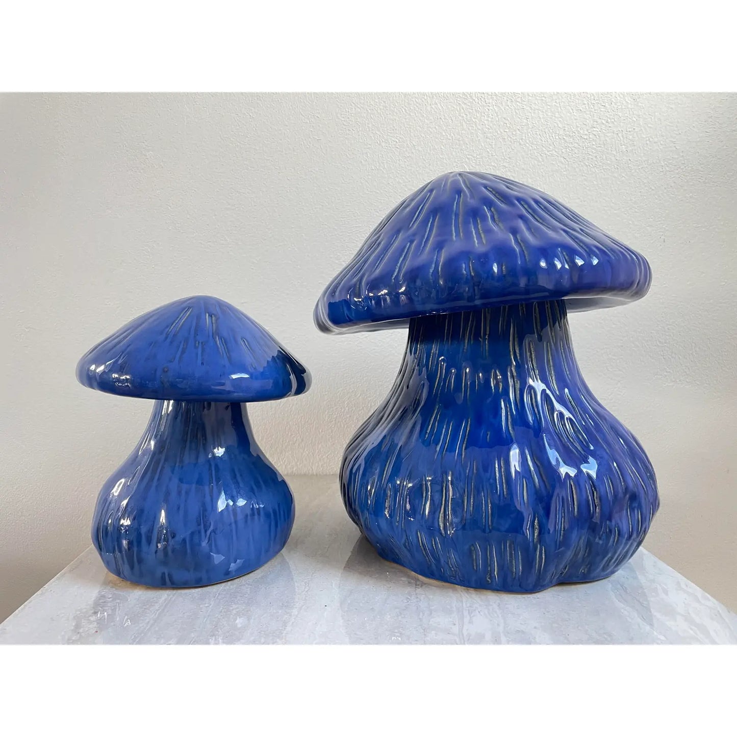Vintage 1990s Pair of Large Cobalt Blue Glazed Ceramic Mushrooms