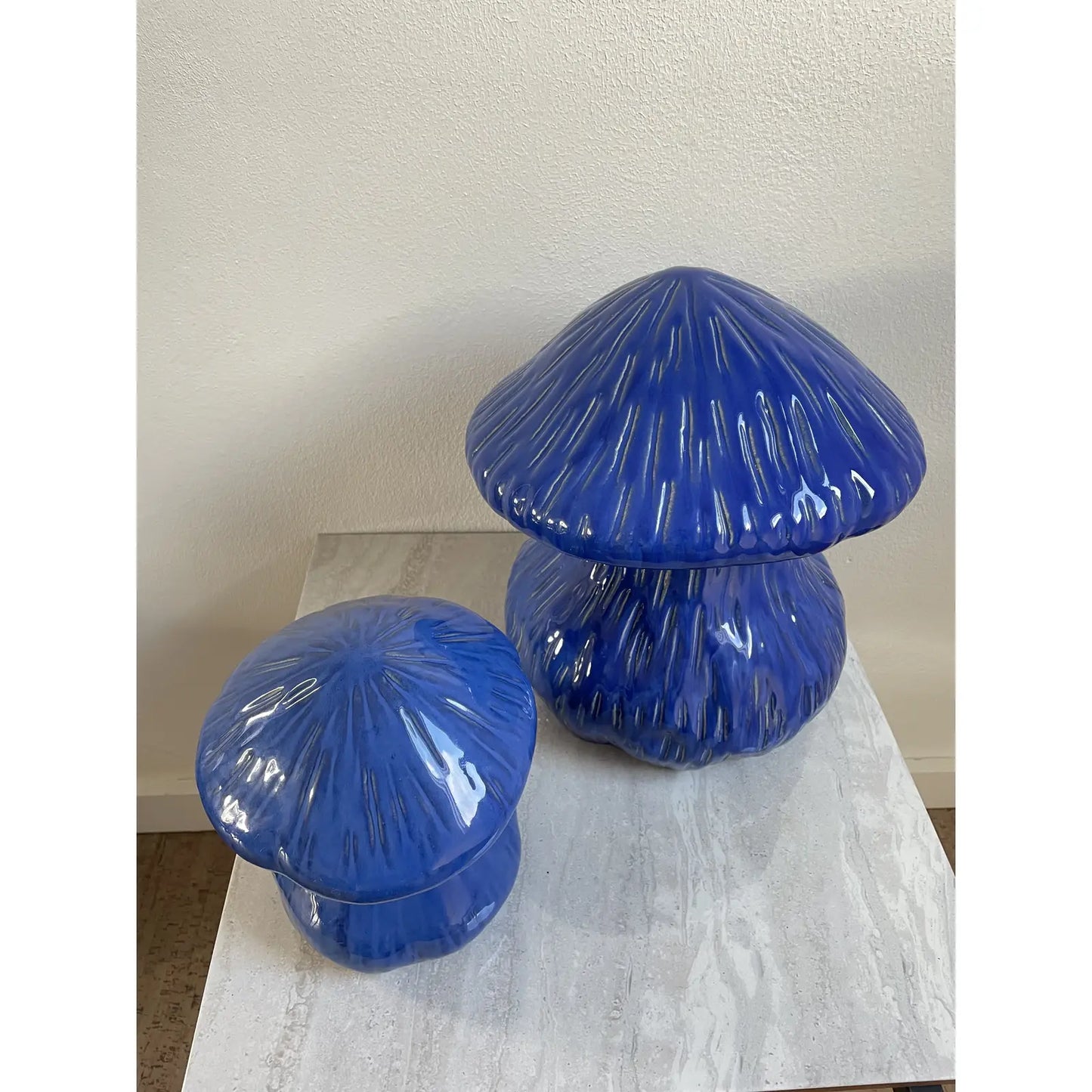Vintage 1990s Pair of Large Cobalt Blue Glazed Ceramic Mushrooms