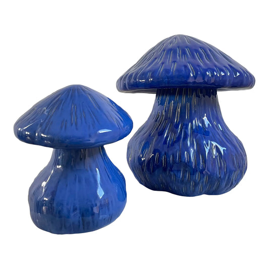 Vintage 1990s Pair of Large Cobalt Blue Glazed Ceramic Mushrooms