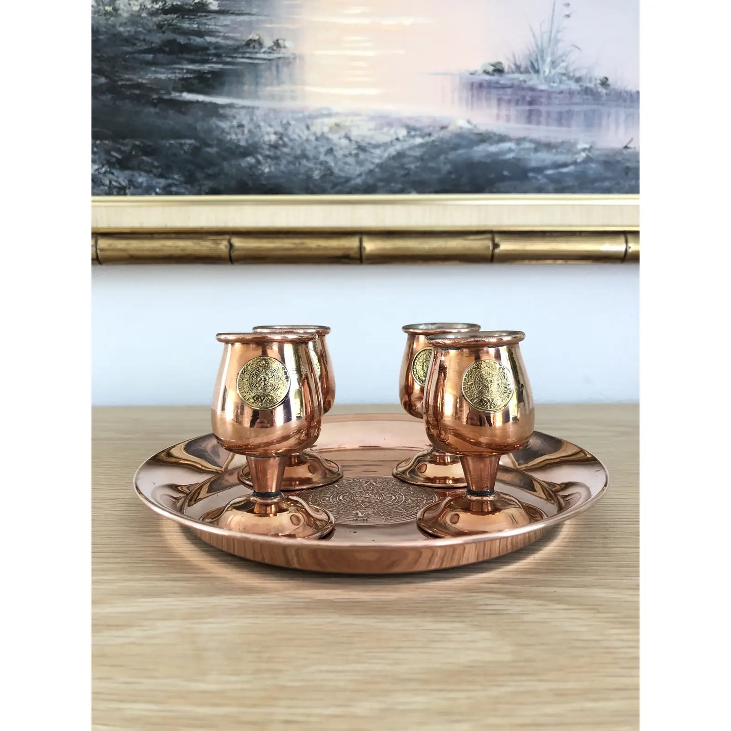 Vintage Mexican Hammered Copper and Brass Tray With Shot Glasses Set- 5 Pieces