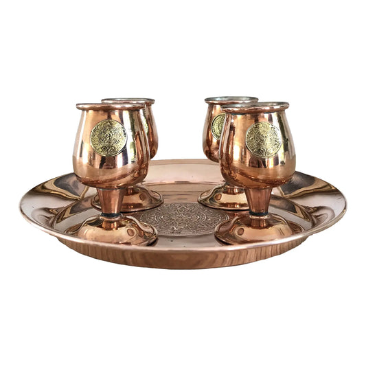 Vintage Mexican Hammered Copper and Brass Tray With Shot Glasses Set- 5 Pieces