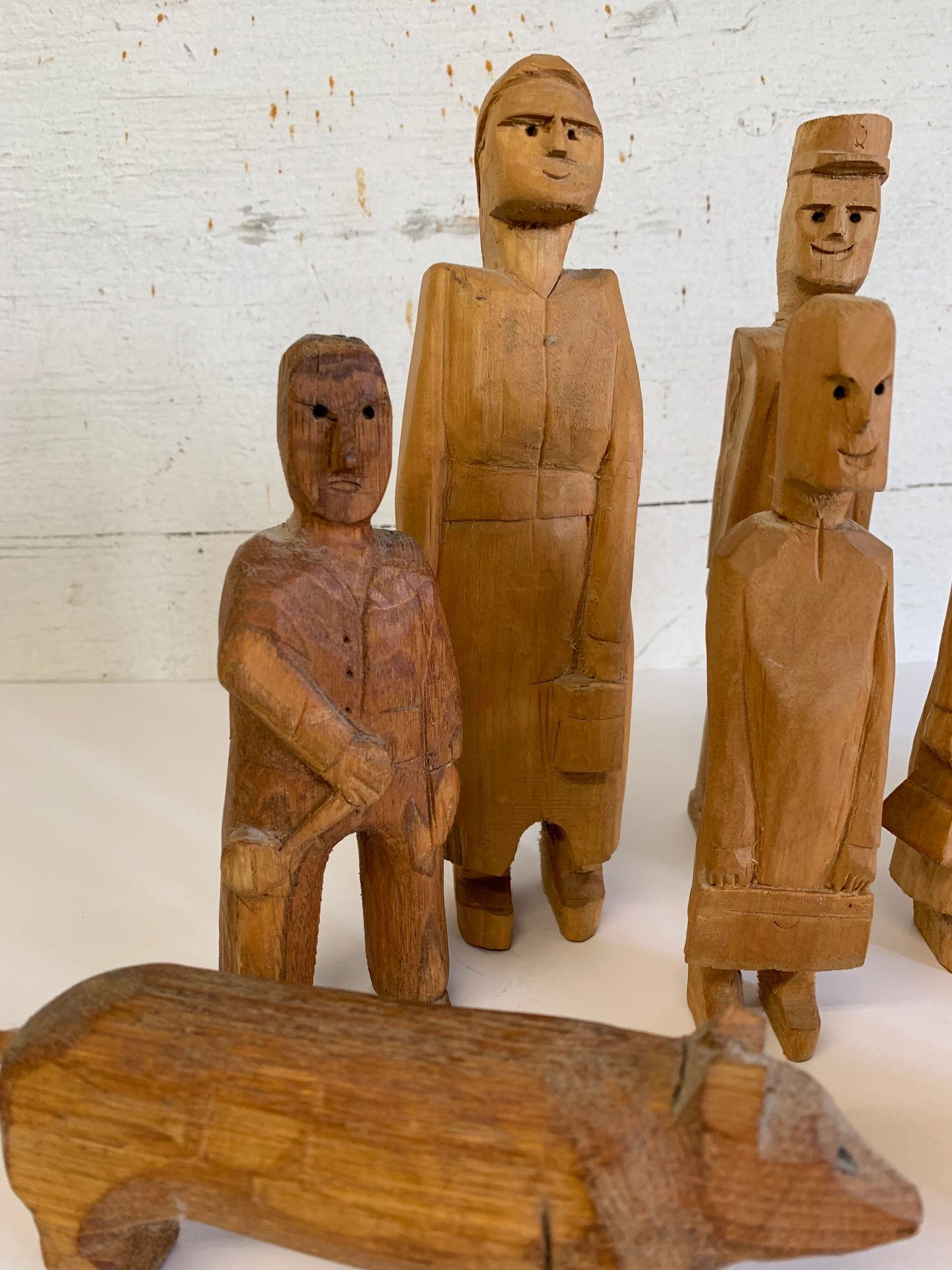 Vintage Mid 20th Century Solid Wood Folk Art Family Carved Figures, 11 Pieces