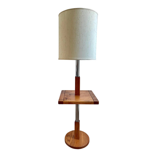 Vintage Mid 20th Century Stiffel Oak and Chrome Floor Lamp With Square Table Top