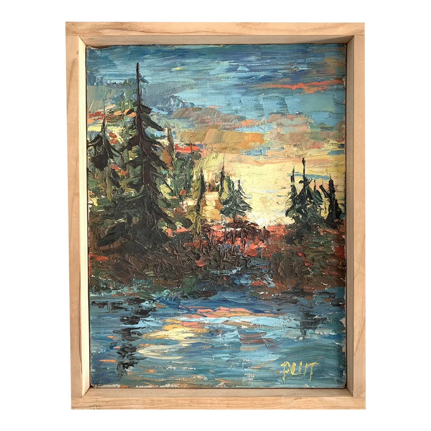 Vintage Signed Oil Painting Landscape Lake & Trees Scene