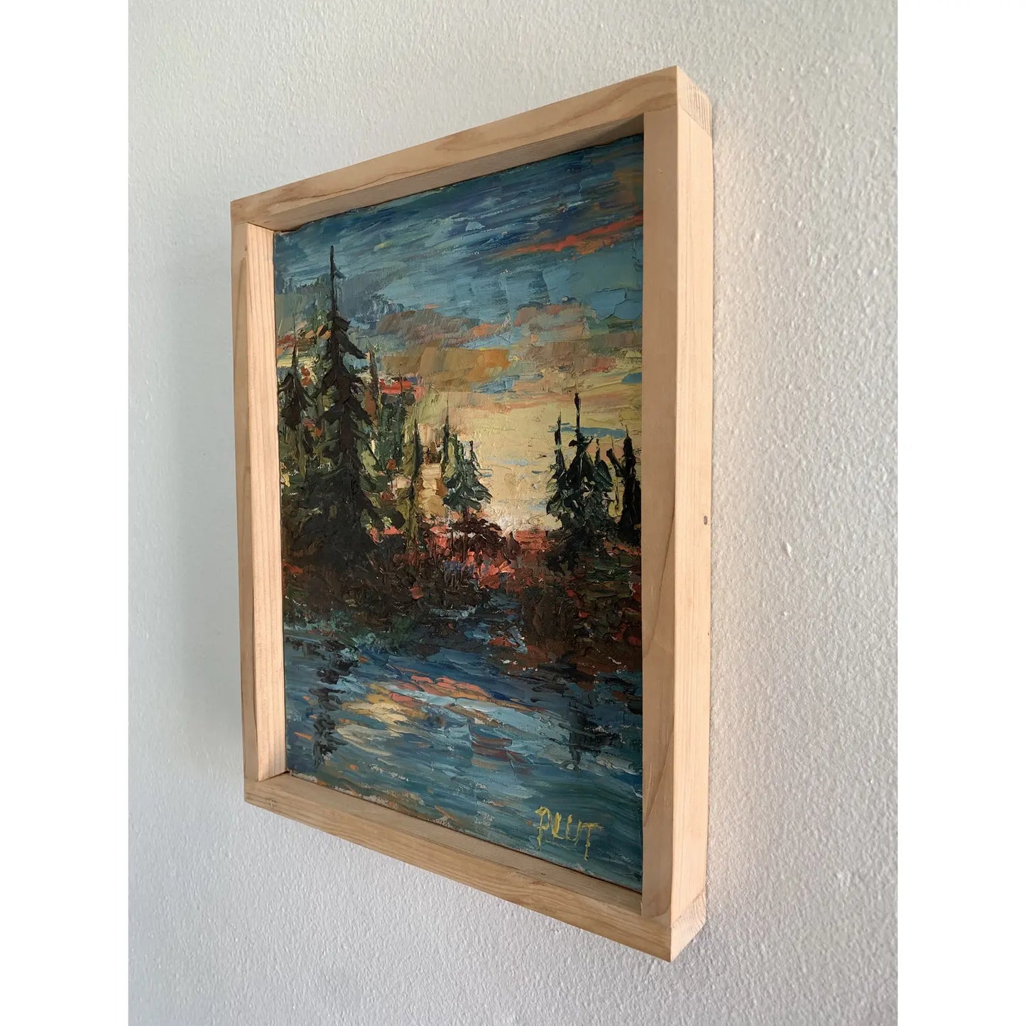Vintage Signed Oil Painting Landscape Lake & Trees Scene