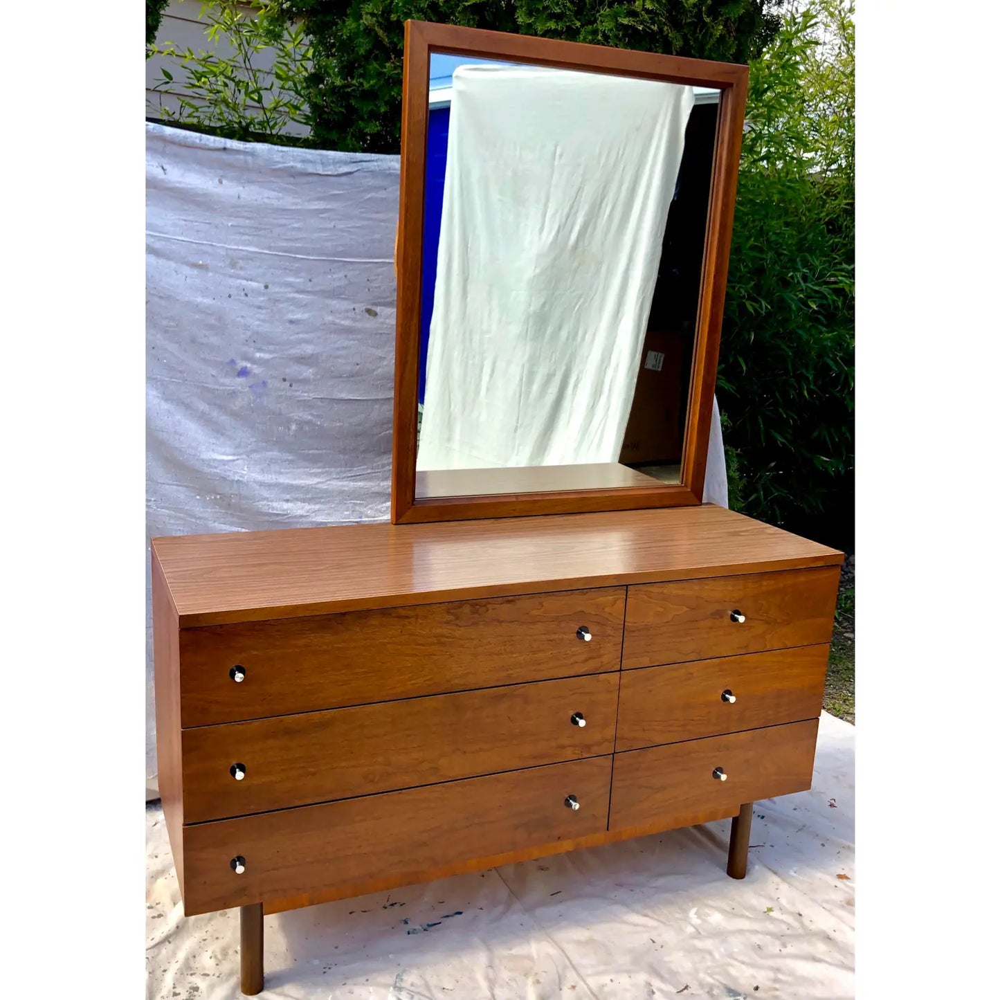 Walnut Mid-Century Modern Dresser and Mirror Set by Stanley Furniture